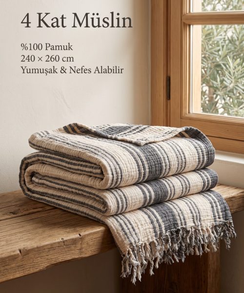 Antrasit çizgili 4 kat müslin pike 240 × 260 cm