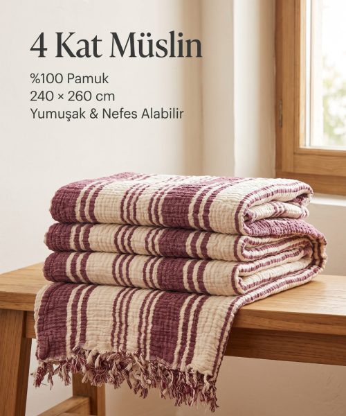 Bordo çizgili 4 kat müslin pike 240 × 260 cm