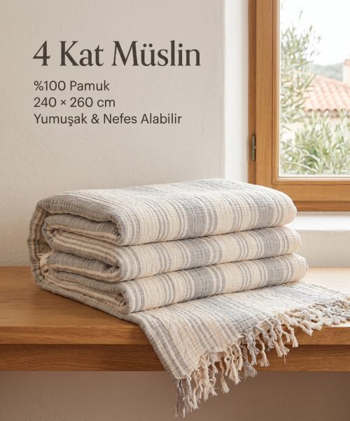 Açık gri çizgili 4 kat müslin pike 240 × 260 cm